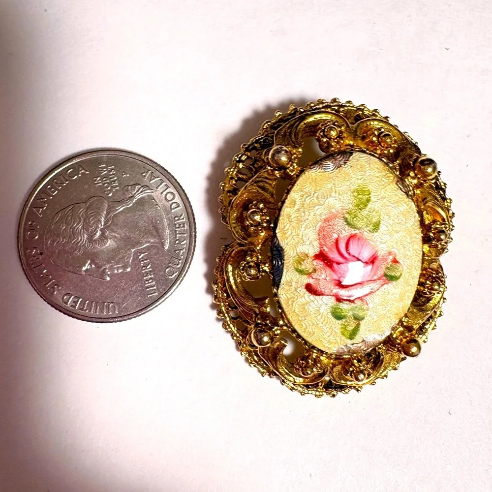 Vintage 1960s floral Gold tone Guilloché enameled hand painted Rose Brooch